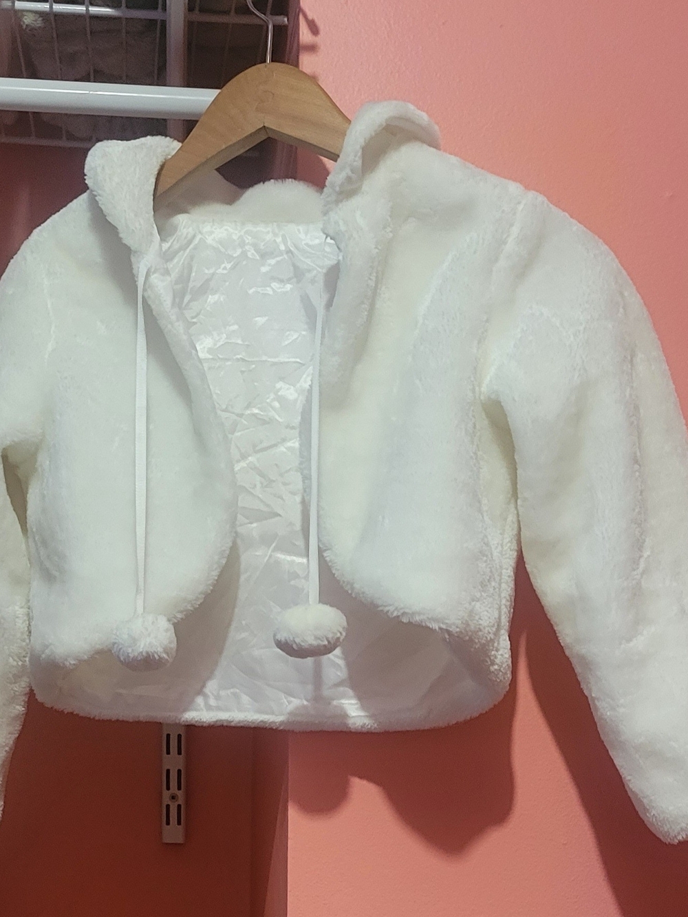 Girls' White Faux Fur Hooded Bolero Jacket with Pom-Pom Ties